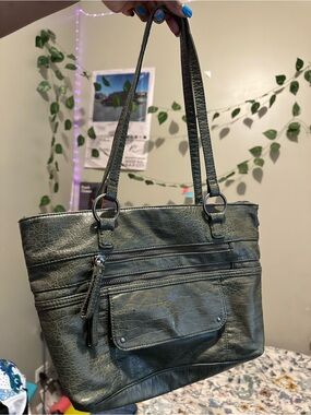 Olive Green Faux Leather Shoulder Bag with Front Zip Pockets